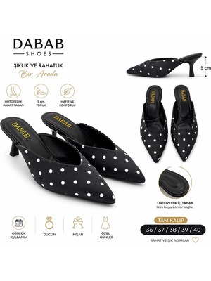 Dabab Shoes Sevılla Puantiye Desenli Siyah Saten Sivri Burunlu 5 cm Ince Topuklu Mule Terlik