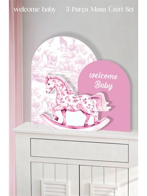 Neşeli Günlerim Safari Pembe Sallanan At Welcome Baby 3 Parça Masa Üzeri Ayaklı Pano Set