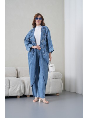 Miss Allos Kadın Önü Nakışlı Boncuk Işlemeli Kot Kimono Hırka ve Kot Pantolon Alt Üst Takım