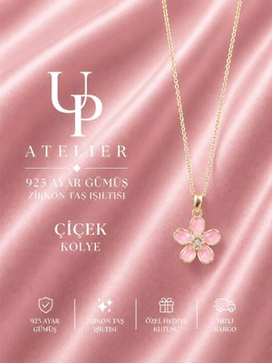 Up Atelier 925 Ayar Gümüş İthal Zincirli Uçuk Pembe Zirkon Taşlı Çiçek Kolye