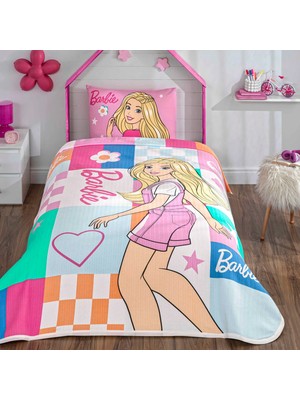 Taç Lisanslı Barbie Colourful Pamuk Tek Kişilik Pike Takımı