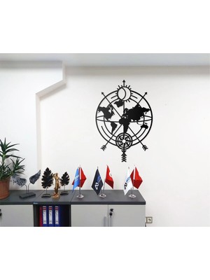 Mova Dizayn Geometrik Pusula Tasarımlı Dünya Haritası Temalı Dekoratif Modern Metal Duvar Tablosu