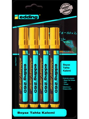 Edding Mavi Yazı Tahtası Kalemi 260 4'lü Set 1.5-3mm Kalınlıkta Hızlı Kuruyan Mürekkep