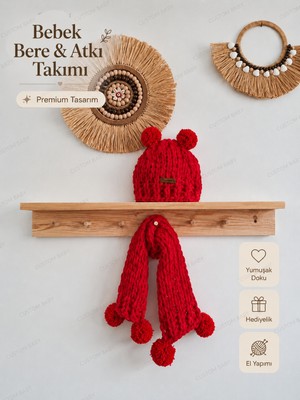 El Örgüsü Bebek Bere ve Atkı Takımı Kırmızı Unisex Premium Tasarım Alize Puffy 0-6 AY  Bebek Hediyesi