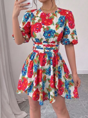 Mass Fashion Kadın Çiçek Desenli Şık Kısa Elbise