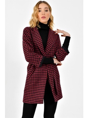 Dewberry Z6623  Kadın Palto Uzun Kol Yün Akrilik Polyester Bordo - Siyah Çizgili XL Beden