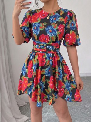 Mass Fashion Kadın Çiçek Desenli Şık Kısa Elbise