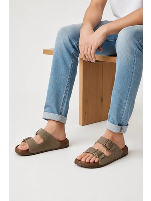 Adımist Unisex (Kadın- Erkek) Ortopedik Günlük Yumuşak Kaymaz Taban Deri Tokalı Ev Dışarı Terlik