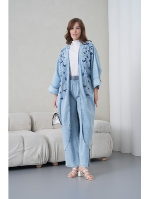 Miss Allos Kadın Önü Nakışlı Boncuk Işlemeli Kot Kimono Hırka ve Kot Pantolon Alt Üst Takım