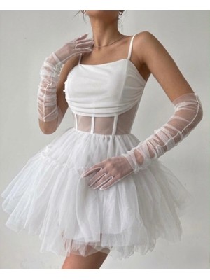 Mass Fashion Kadın Askılı Mini Tül Elbise