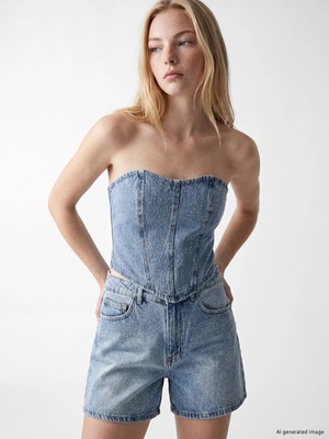 Lc Waikiki Yeni Sezon Straplez Yaka Taşlı Crop Jean Bluz