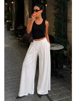 Madmext Beyaz Yüksek Bel Pileli Rahat Kesim Kadın Eşofman Altı MG2823