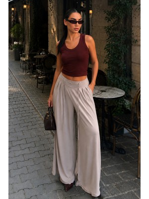 Madmext Bej Yüksek Bel Pileli Rahat Kesim Kadın Eşofman Altı MG2823