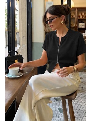 Madmext Siyah Çift Fermuarlı Kısa Kollu Kadın Triko Hırka MG2862