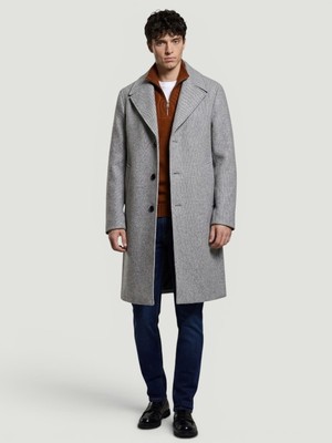 Sisley Yün Karışımlı Düğmeli Cep Detaylı Kruvaze Uzun Kaban Erkek Koyu Kahverengi Kaban - 325A2UHZSN044
