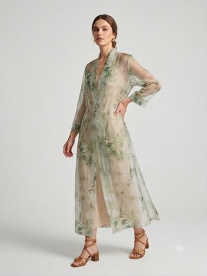 Centilmen Bıze Fashıon Bambu Desenli Transparan Tül Kimono Elbise 1124