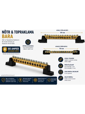 Mutlusan 13+2 15LI Ayaklı Pano Nötür Klemensi 80A (7MMX11MM 15 Delikli Dağıtım Ünitesi)
