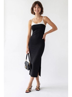 Mixray 2132 Kadın Bodycon Vücudu Saran Askılı Yırtmaçlı Maxi Elbise Siyah