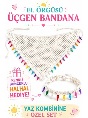 Neholia Kadın El Örgüsü Üçgen Bandana Halhal Ayak Bilekliği Hediyeli Bohem Yazlık Saç Bandanası Plaj Tatil Festival Aksesuarı