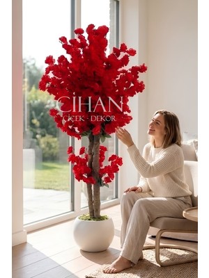 Cihan Çiçekçilik Yapay Kırmızı Japon Bahar Dalı Ağacı 100 cm 27*33 Beyaz Küre Saksılı