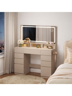 Sare Trade Hernest LED Işıklı Makyaj Masası Aynalı Şifonyer | 9 Çekmeceli Geniş Depolama Alanlı Modern Vanity Masa  110X40X135 cm