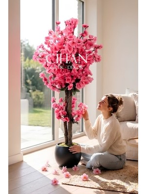 Cihan Çiçekçilik Yapay Pembe Japon Bahar Dalı Ağacı 100 cm Siyah 27*33 Küre Saksılı