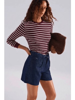 Poupee Bordo Krem Çizgili Kadın Body, Uzun Kollu Çizgili Crop Body