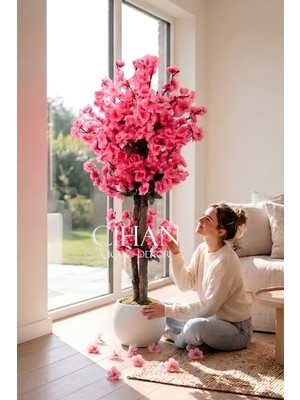 Cihan Çiçekçilik Yapay Pembe Japon Bahar Dalı Ağacı 100 cm Beyaz 27*33 Küre Saksılı