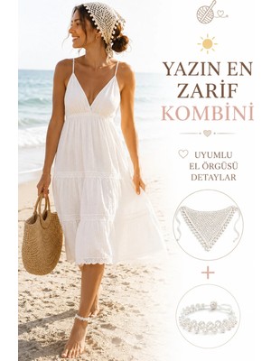 Neholia Kadın El Örgüsü Üçgen Bandana Halhal Ayak Bilekliği Hediyeli Bohem Yazlık Saç Bandanası Plaj Tatil Festival Aksesuarı
