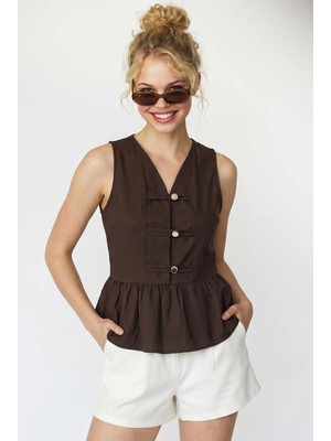 Mixray 4940 Kadın Poplin Volanlı Kolsuz Peplum Bluz Kahve