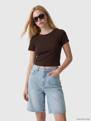 Lc Waikiki Yeni Sezon Bisiklet Yaka Kadın Crop Tişört