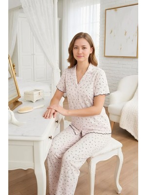 Homay 2'li Desenli Gömlek Yaka Kısa Kollu Pointelle Pijama Takımı