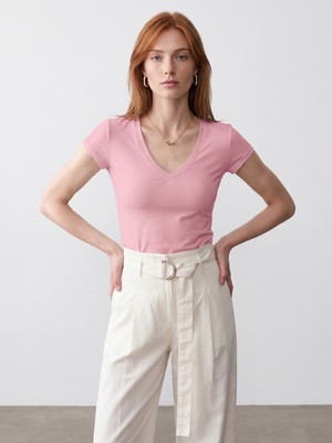 Dilvin 32799 V Yaka Top-Toz Pembe