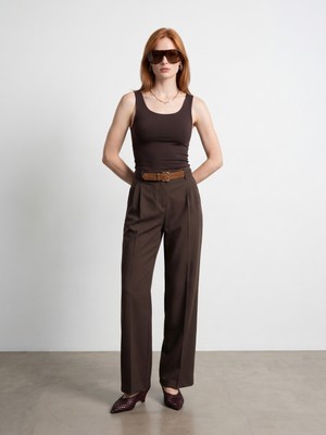 Dilvin 72715 Kemerli Pileli Pantolon-Kahve