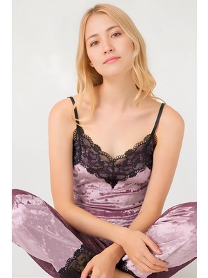 Homay 2'li Dantel Kenarlıklı Ince Askılı Kadife Pijama Takımı