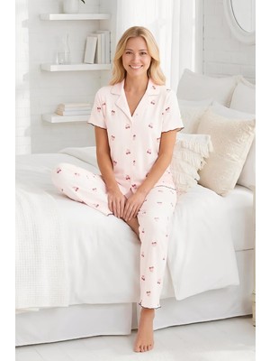 Homay 2'li Desenli Gömlek Yaka Kısa Kollu Pointelle Pijama Takımı