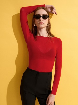 Dilvin 32122 Kayık Yaka Kaşmir Karışımlı Ultra Hafif Modal Bluz-Kırmızı