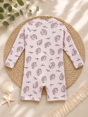 KR Kids Kız Bebek Unicorn Desenli Uzun Kollu Fermuarlı Mayo Tulum Pembe