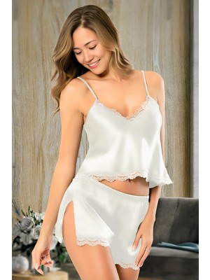 Homay 2'li Güpür Detaylı Yırtmaçlı Şortlu Saten Pijama Takımı