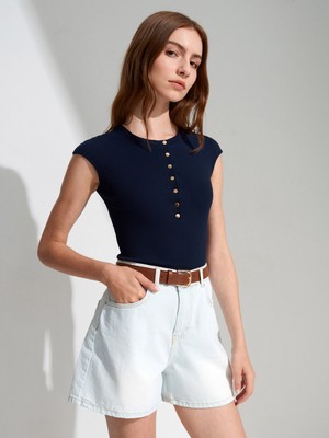 Dilvin 72334 Pamuk Mini Kot Şort-Mavi