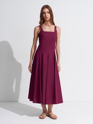 Dilvin 90941 Kare Yaka Askılı Midi Elbise-Bordo