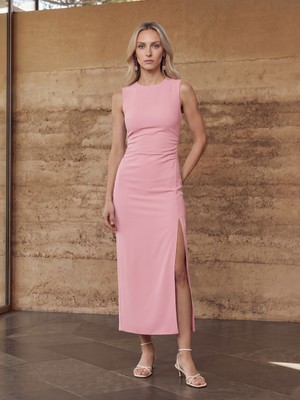 Dilvin 91704 Yırtmaç Detaylı Midi Elbise-Toz Pembe
