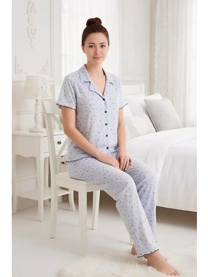 Homay 2'li Desenli Gömlek Yaka Kısa Kollu Pointelle Pijama Takımı