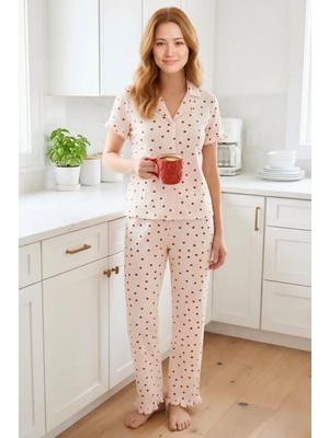 Homay 2'li Desenli Gömlek Yaka Kısa Kollu Bürümcük Pijama Takımı