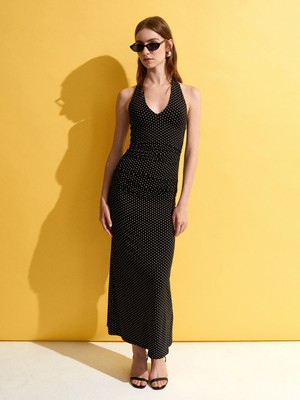 Dilvin 91698 Lyocell Halter Yaka Midi Elbise-Siyah
