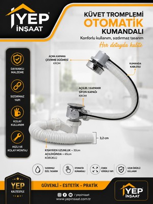 Yep İnşaat Küvet Tromplemi Kumandalı Otomatik Küvet Jakuzi Sifonu Stoplu