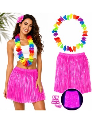 Eco Port Neon Pembe Hawaii Etek 40 cm ve Rengarenk Hawaii Kolye