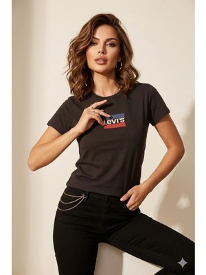 Levi's Pamuk Bisiklet Yaka Baskılı Siyah Kadın T-Shirt