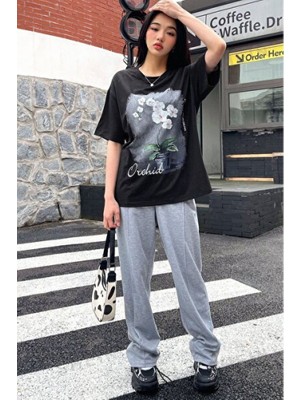 Empressco Yüksek Kaliteli Unisex Orchid Baskılı Oversize Tişört, Rahat ve Şık Tarz