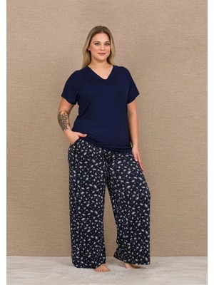 Yare Lady Lacivert Renk, 11066 Kısa Kol Kadın Büyük Beden Anne Pijama Takımı